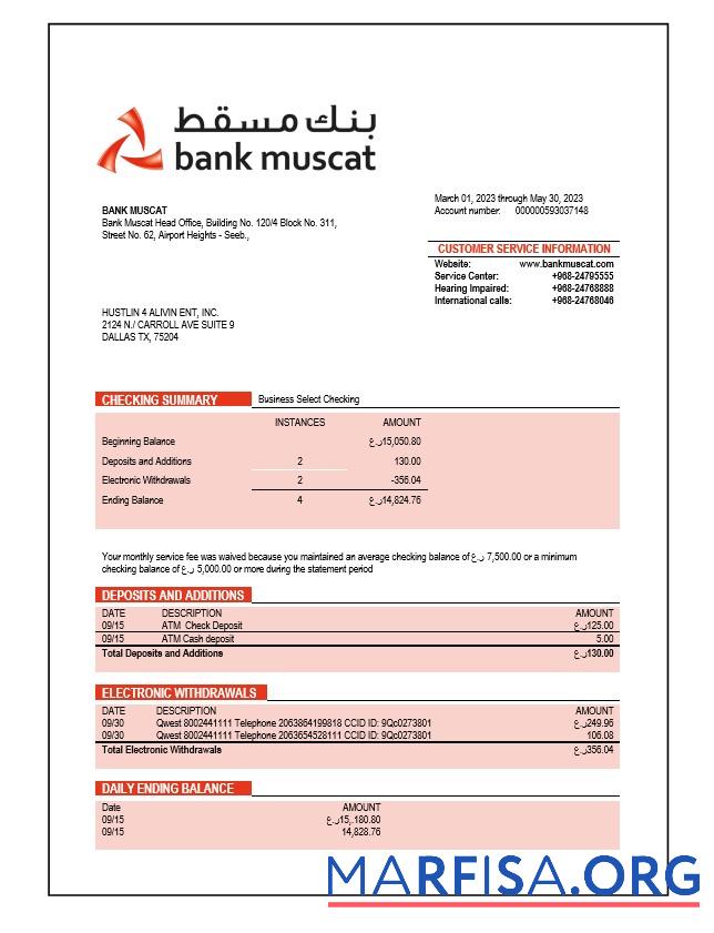 Blank Bank Muscat enterprise account statement Word and PDF template